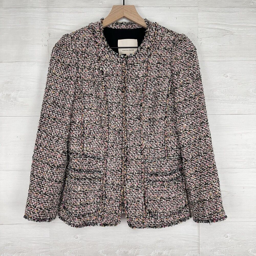Rebecca Taylor Tweed Jacket Women 2 Fringed Textured Boucle Pink Wool Blend NEW